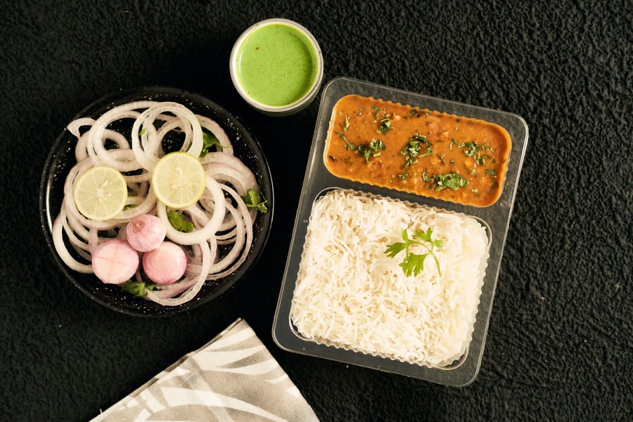 Dal, Rice, Seasonal Veg, Roti, Salad