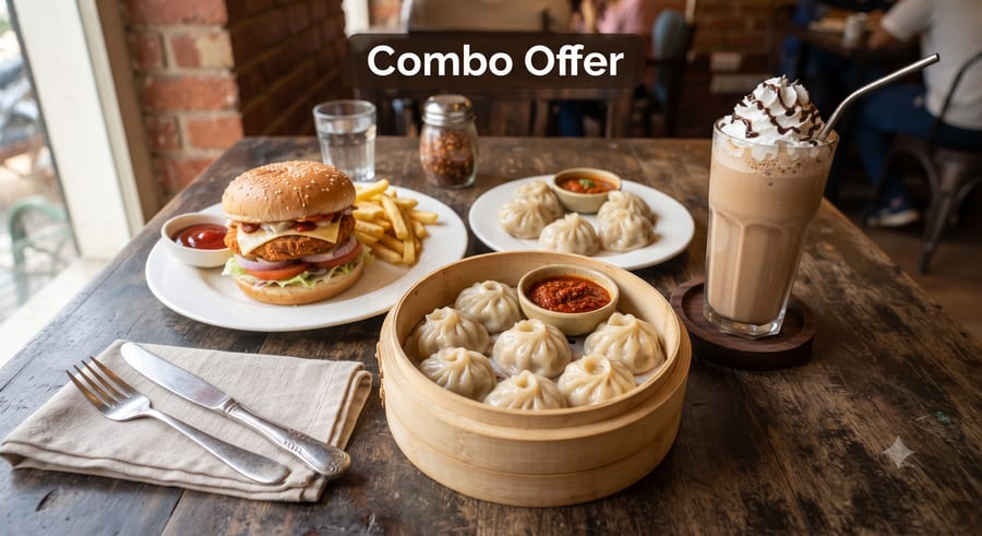 2. Combo Offer: Steamed Momos + Veg Burger + Cold Coffee