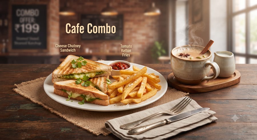 1. Combo Offer: Cheese Chutney Sandwich + French Fries Salty + Chai/Hot coffee