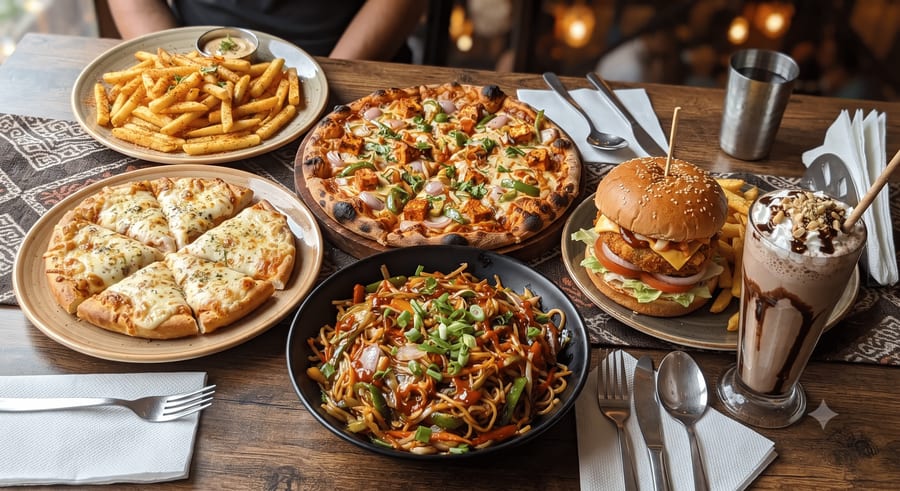 12. Maharaja combo: Cheese Garlic Bread + Tandoori Pizza + Masala French Fries + Chow-Mein + Veg Burger + Chocolate Cold Coffee