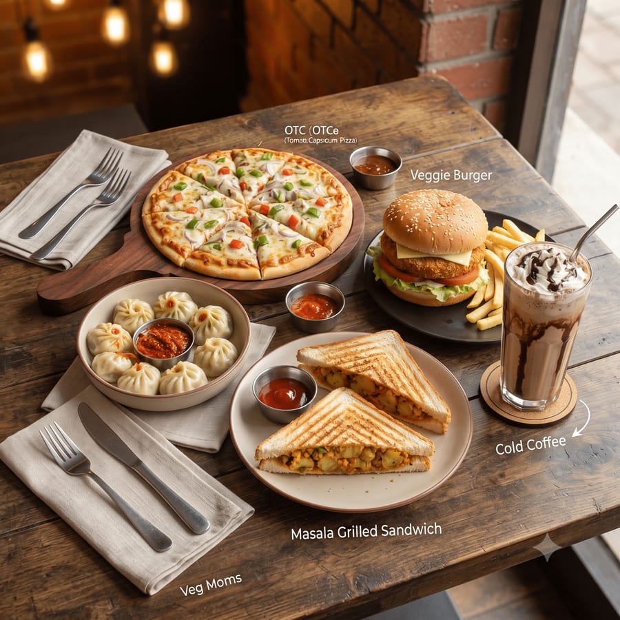 10. Classic Combo: OTC Pizza, French Fries + Steam Momos + Masala Sandwich + Veg Burger + Cold Coffee