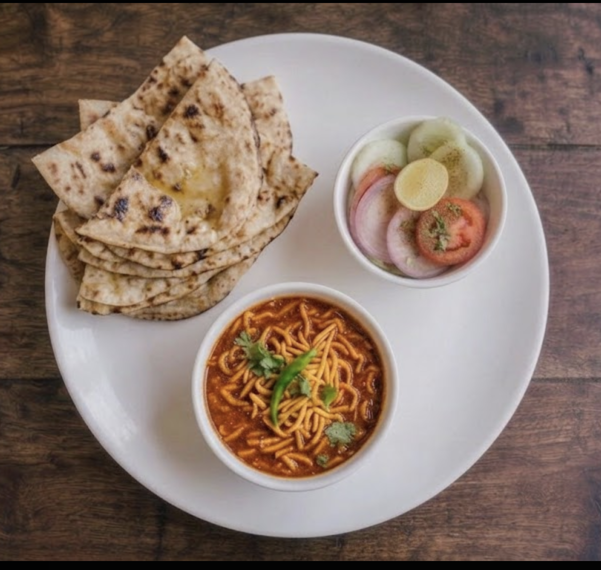 सेव टमाटर + 5 तंदूरी बटर (Butter)  रोटी + सलाद