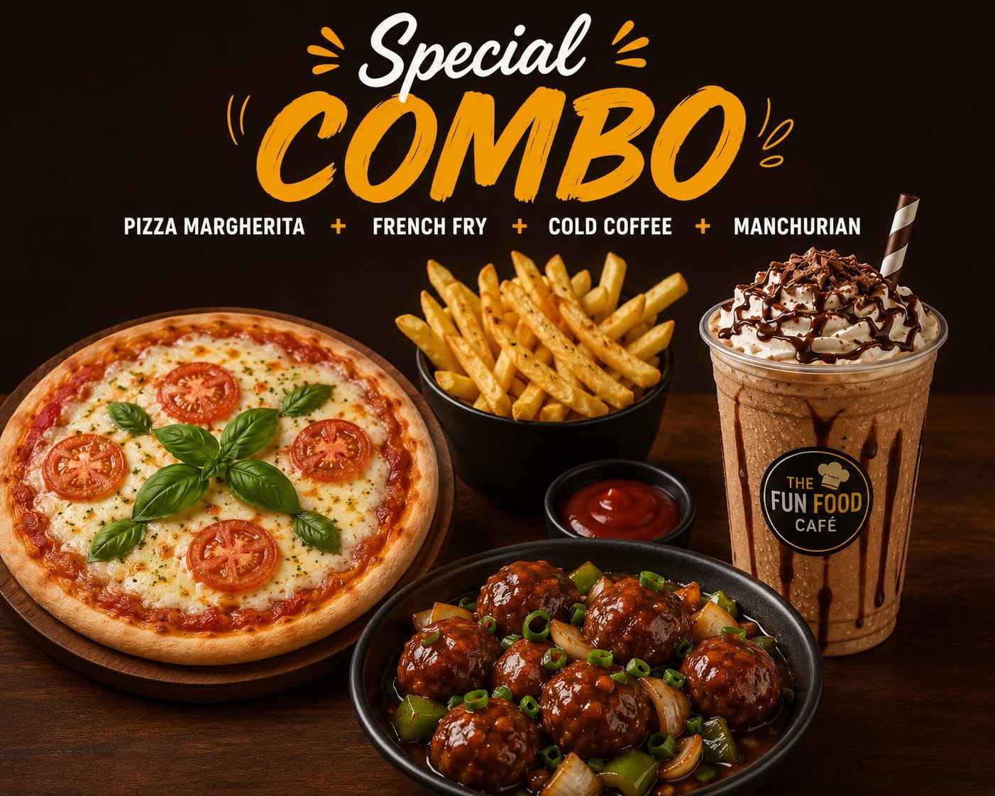 Pizza margherita/ french fry /cold coffee/ Manchurian