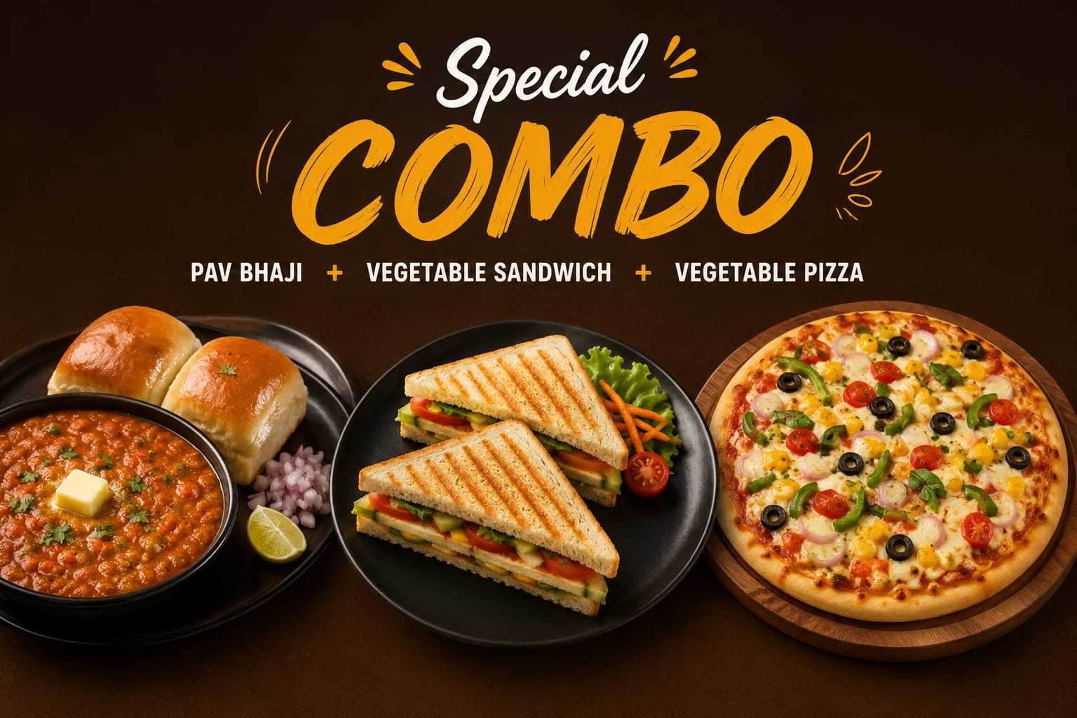Pav bhaji/veg sandwich/Pizza vegetable