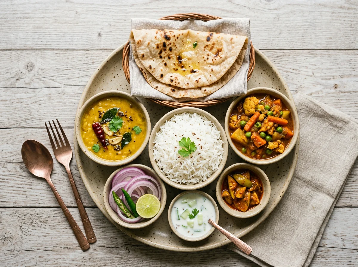 Thali (Dal, Rice, Mix Veg Sabjee, Paneer Butter Masala, Aloo Jeera, Papad, Tandoori Roti)