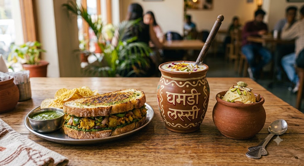 मसाला सैंडविच + घमंडी लस्सी + मटका कुल्फी