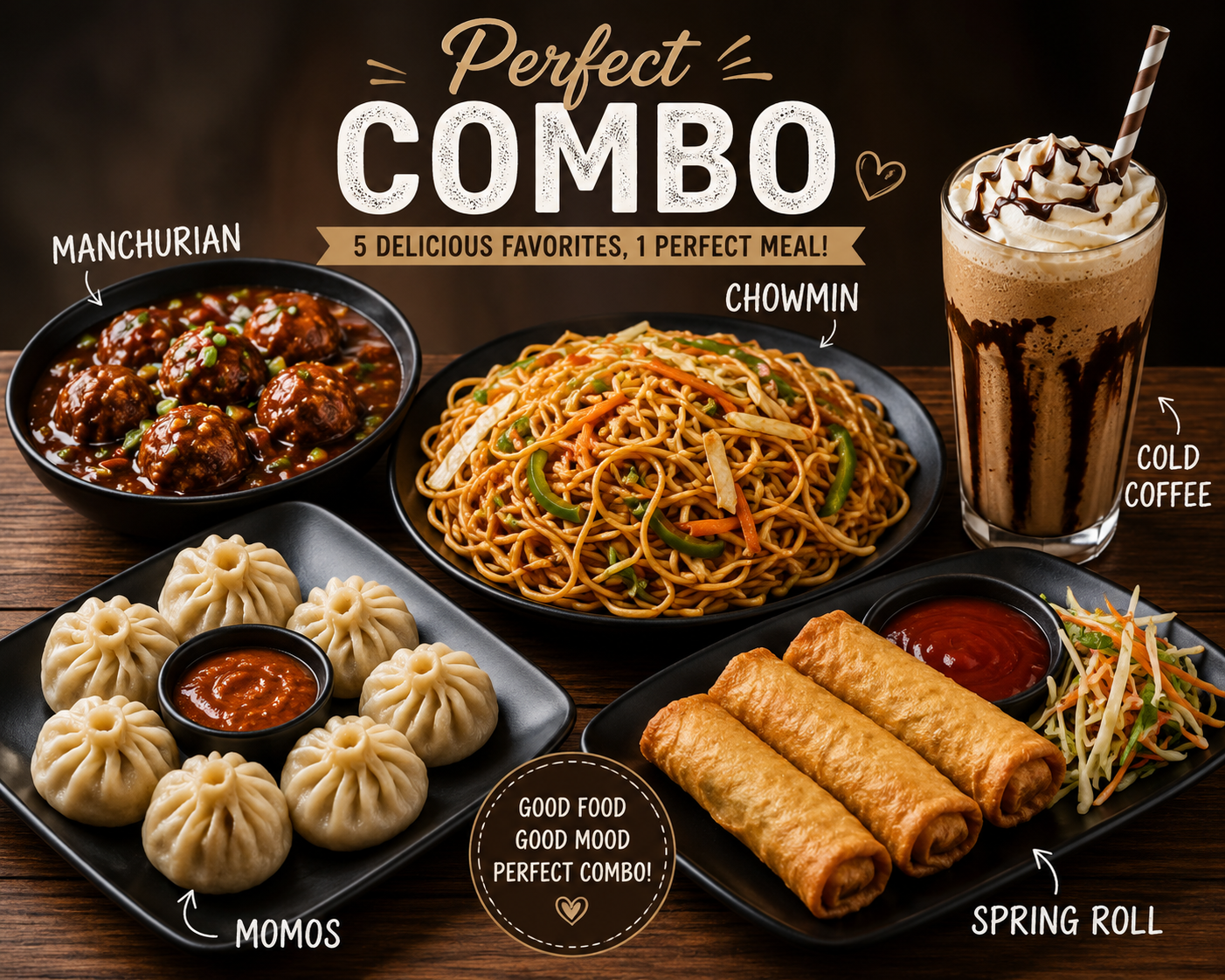Manchurian + Chowmein + Momos + spring roll + cold coffee