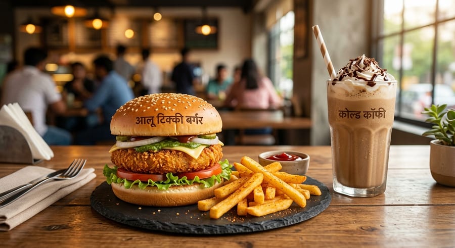आलू टिक्की बर्गर + फ्राइज़ + कोल्ड कॉफी