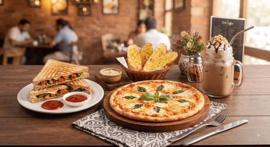 VEG SANDWICH + MARGHERITA PIZZA + GARLIC BREAD + COLD COFFEE